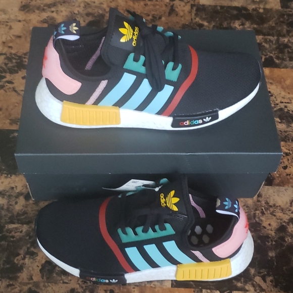 Rare Adidas NMD R1 Black/Yellow/Blue Sneakers NWT - Picture 8 of 16